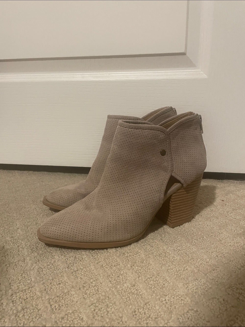 Qupid Taupe Suede Perforated Block Heel Ankle Booties